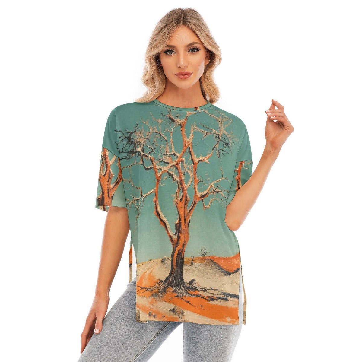 All-Over Print Women's Short Sleeves T-shirt With Hem Split
