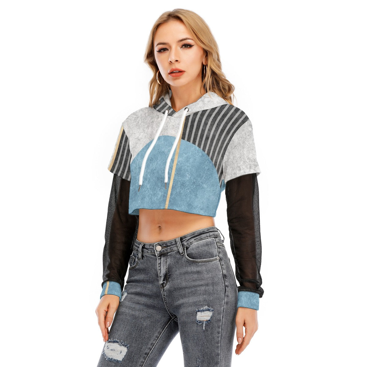 All-Over Print Women's Fake Two-piece Mesh Sleeve Cropped Hoodie
