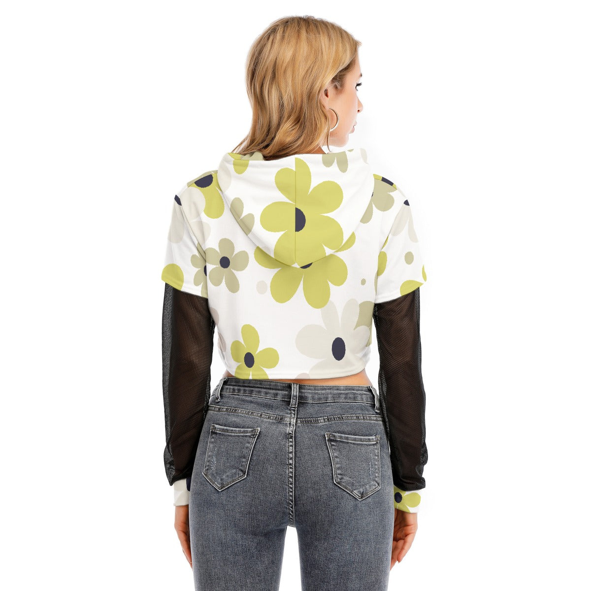 All-Over Print Women's Fake Two-piece Mesh Sleeve Cropped Hoodie