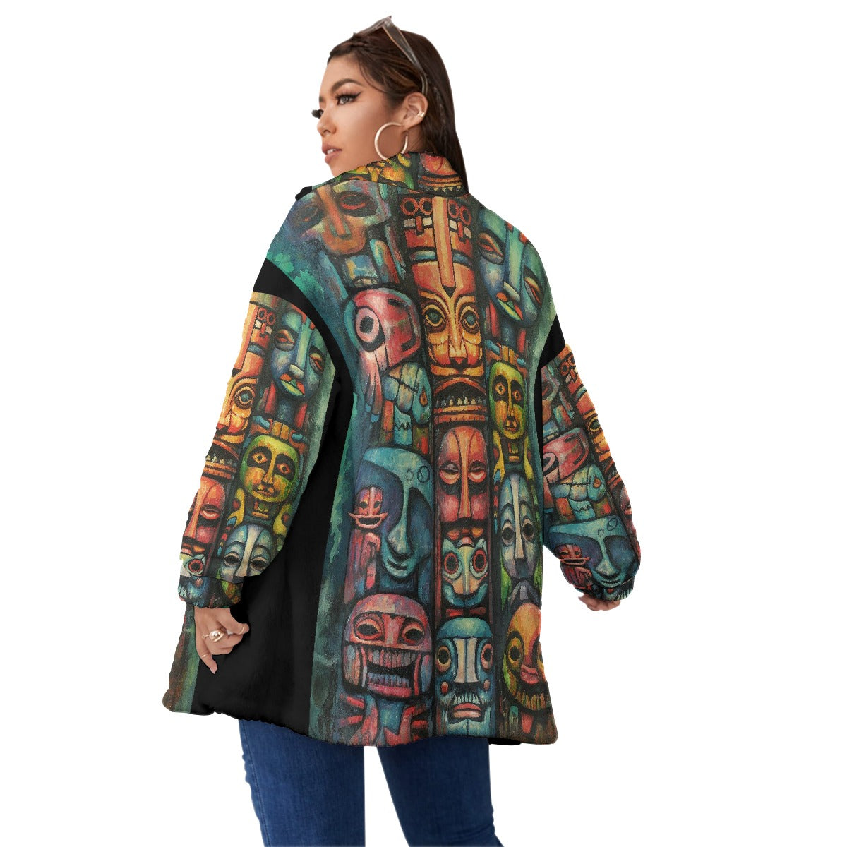 All-Over Print Unisex Borg Fleece Stand-up Collar Coat With Zipper Closure(Plus Size)