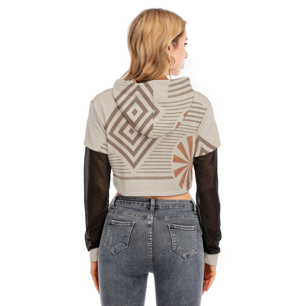 All-Over Print Women's Fake Two-piece Mesh Sleeve Cropped Hoodie