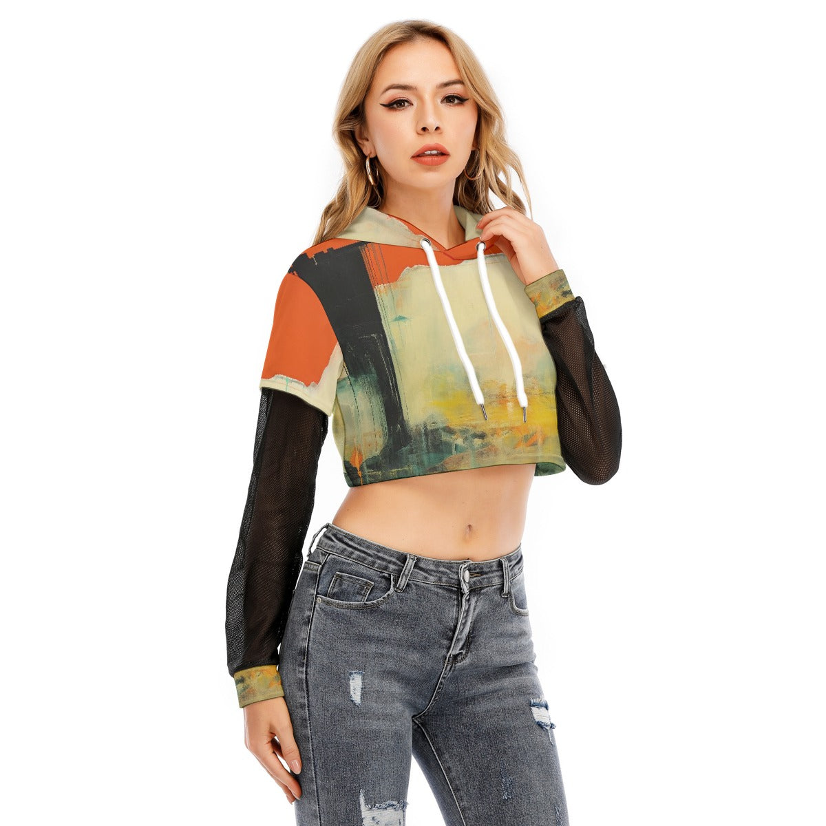All-Over Print Women's Fake Two-piece Mesh Sleeve Cropped Hoodie
