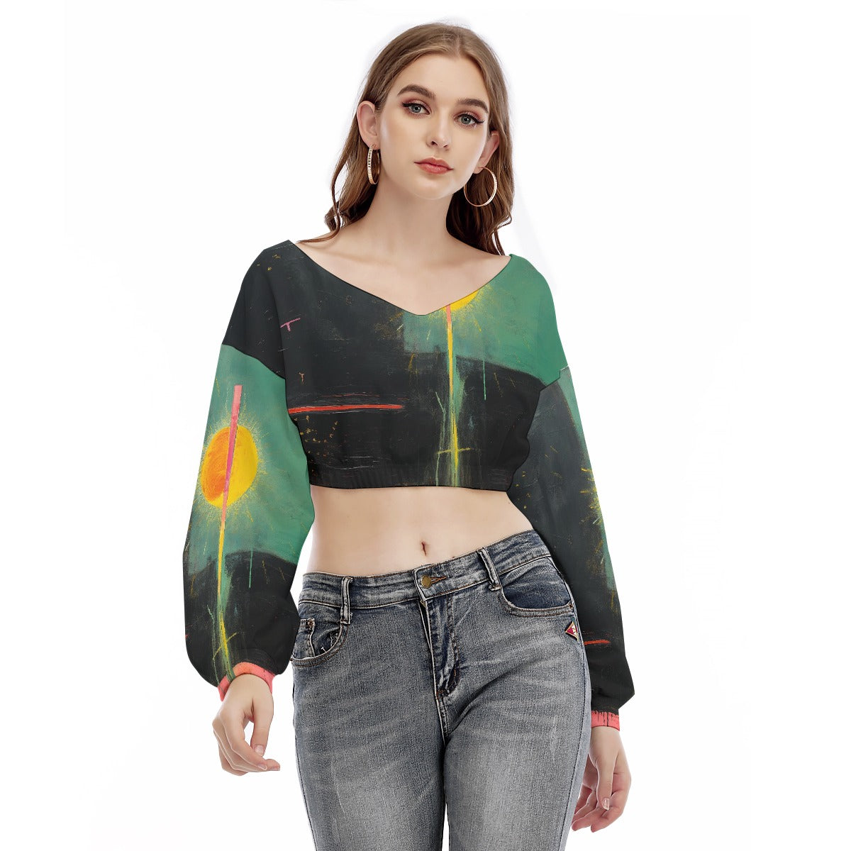 All-Over Print Women's V-neck Long Sleeve Cropped Sweatshirt
