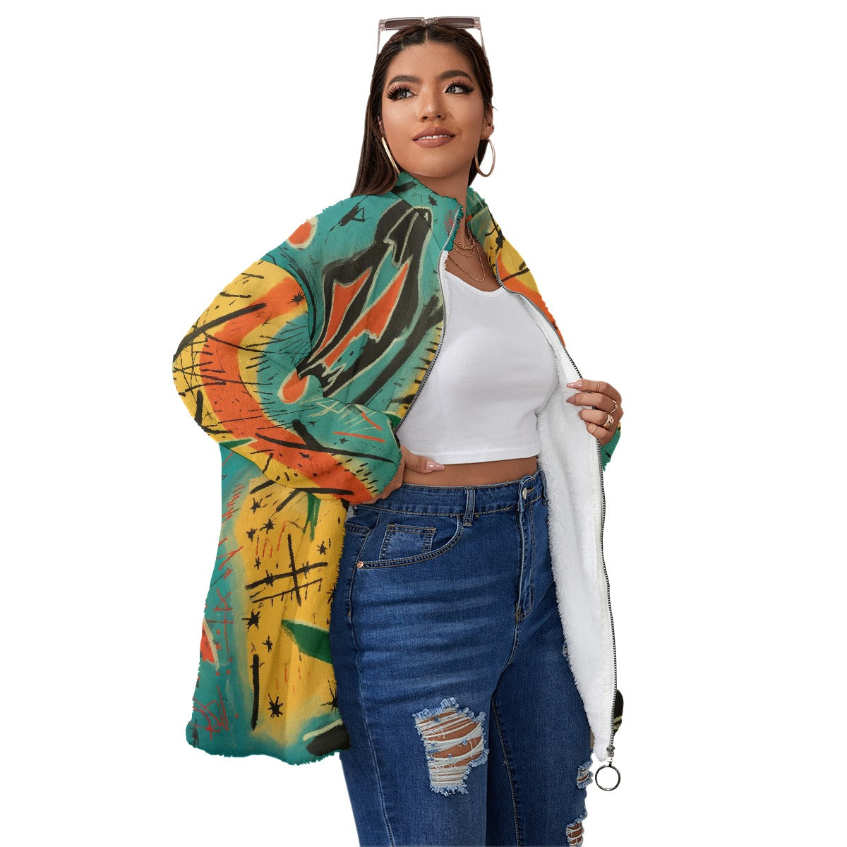 All-Over Print Unisex Borg Fleece Stand-up Collar Coat With Zipper Closure(Plus Size)