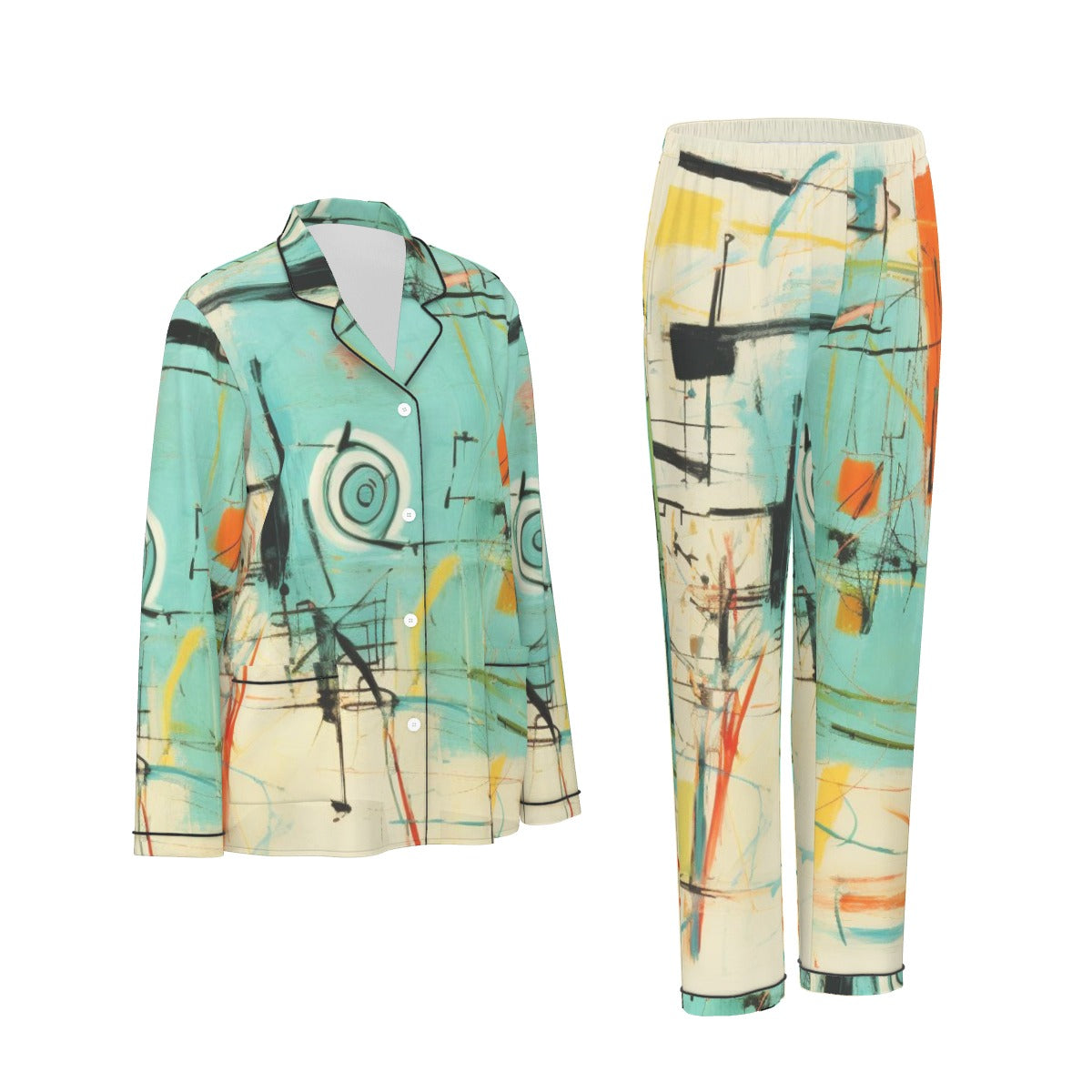 All-Over Print Women's Long Sleeve Pajama Set With Black Contrast Piping