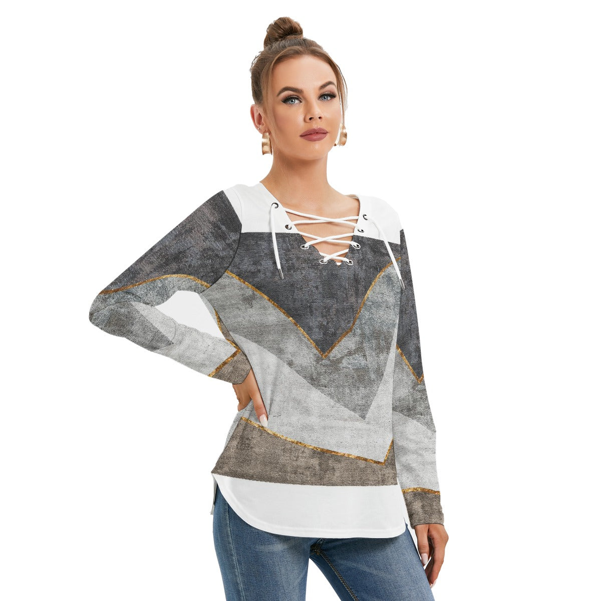 All-Over Print Women's Long Sleeve Neckline Tie Sweatshirt
