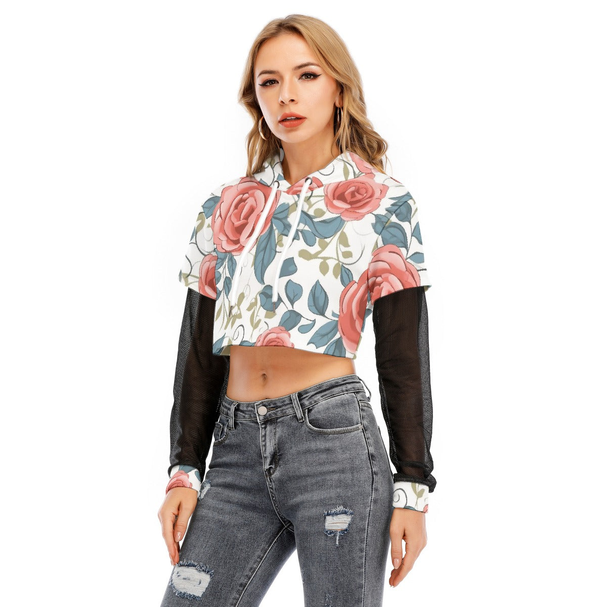 All-Over Print Women's Fake Two-piece Mesh Sleeve Cropped Hoodie