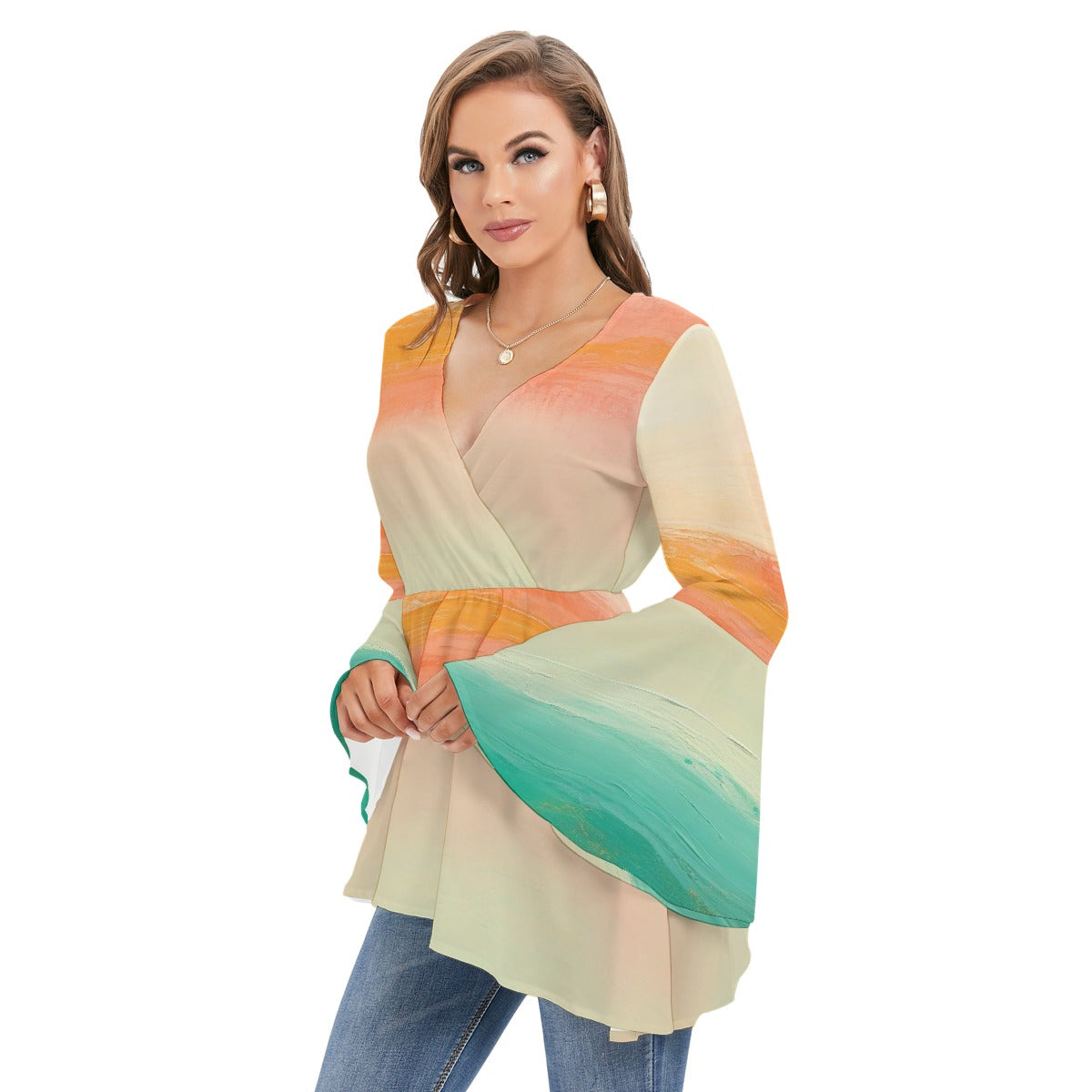 All-Over Print Women's V-neck Blouse With Flared Sleeves