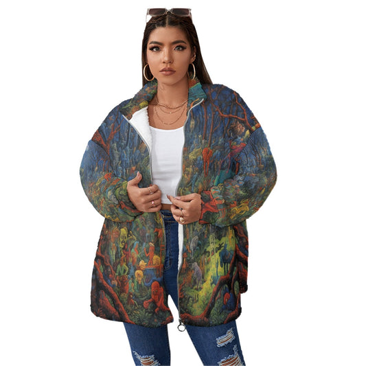 All-Over Print Unisex Borg Fleece Stand-up Collar Coat With Zipper Closure(Plus Size)