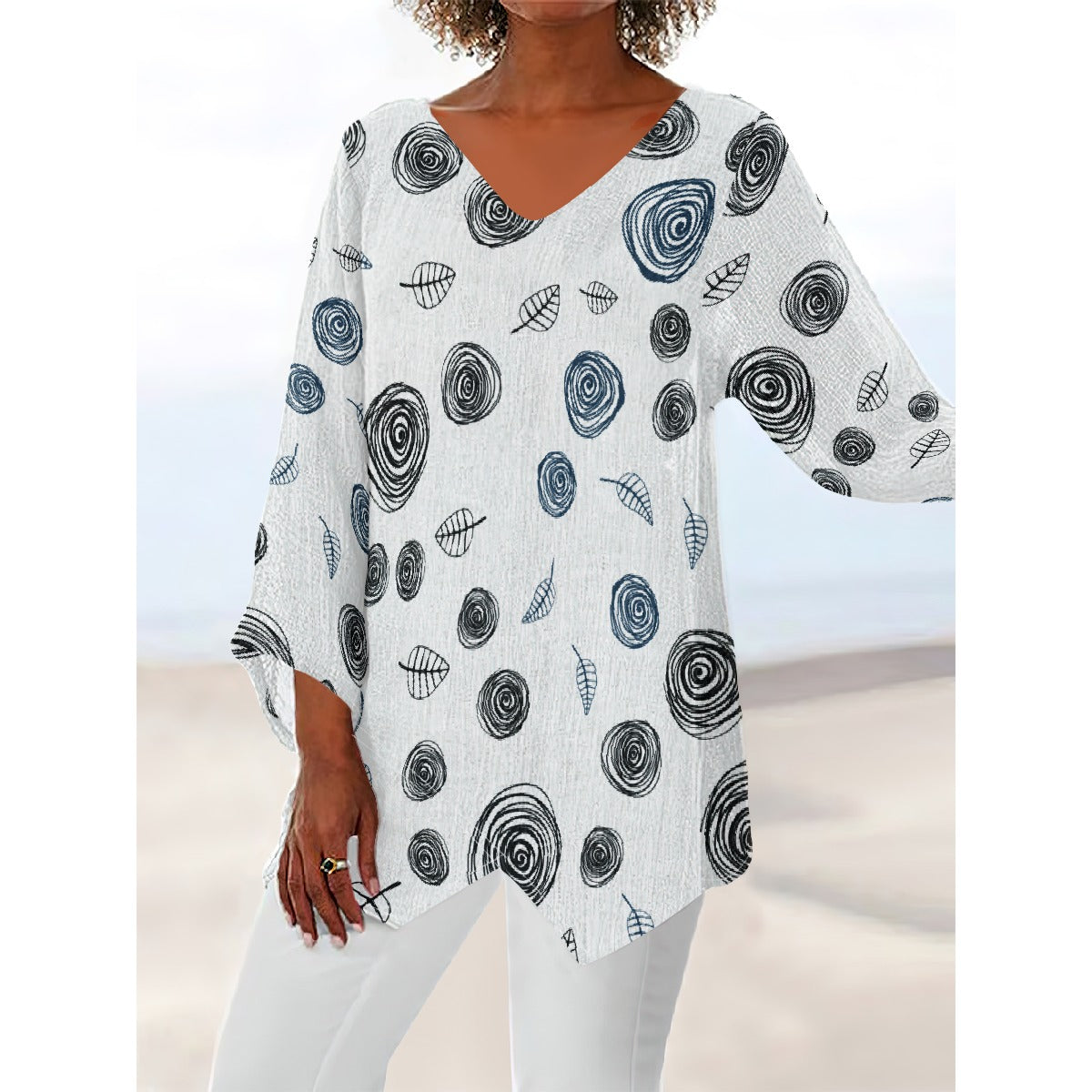 All-Over Print Women's V-neck T-shirt With Irregular Hem