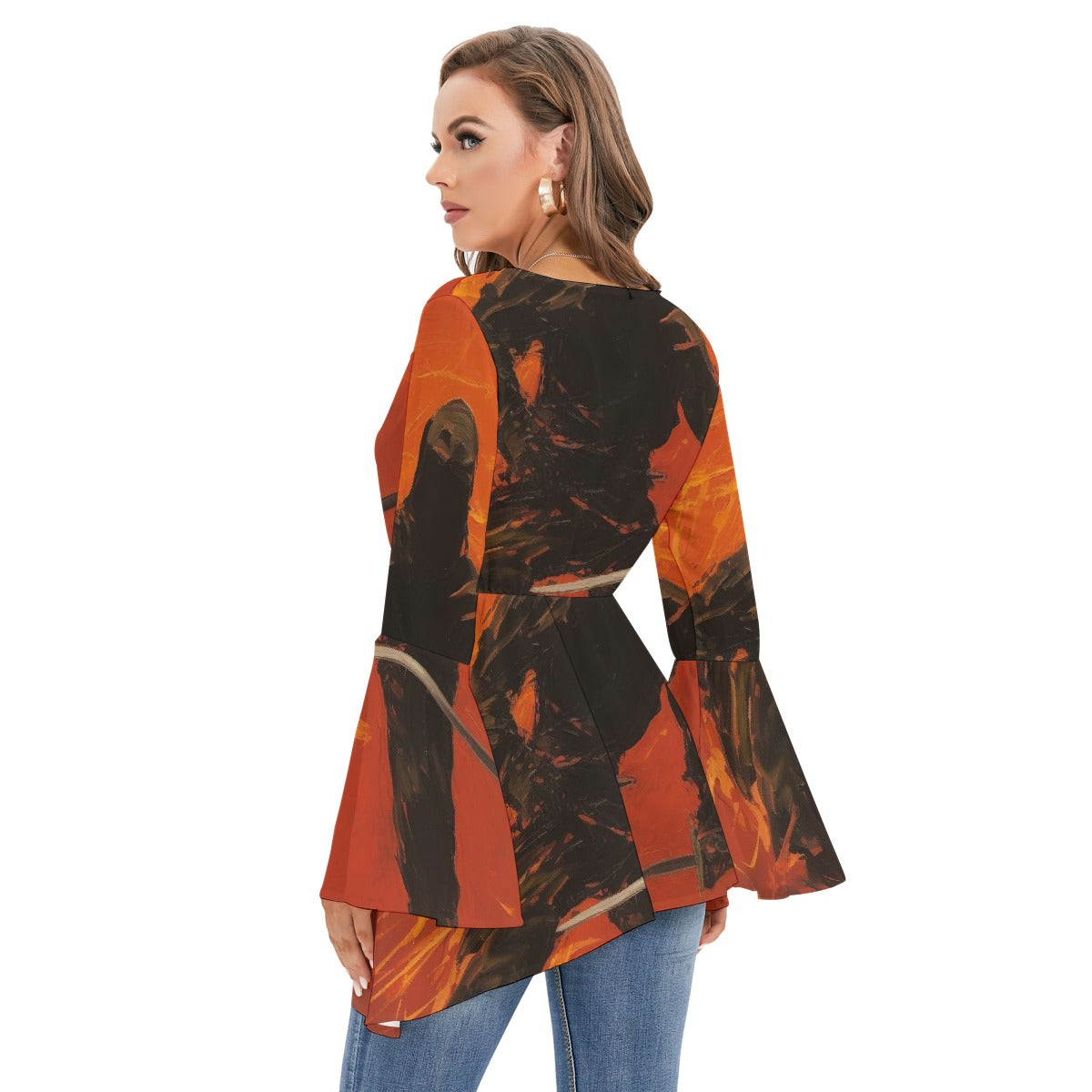 All-Over Print Women's V-neck Blouse With Flared Sleeves