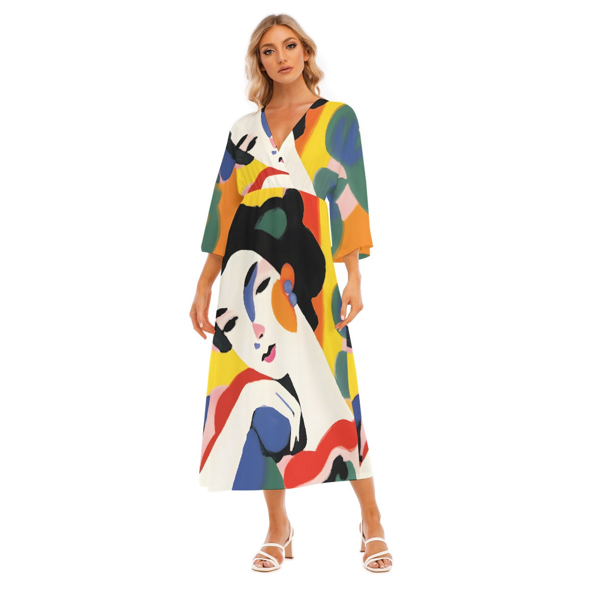 All-Over Print Women's Mid-Sleeve Long Dress
