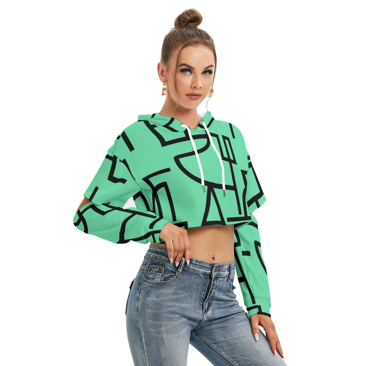 All-Over Print Women's Heavy Fleece Hoodie With Hollow Out Sleeve