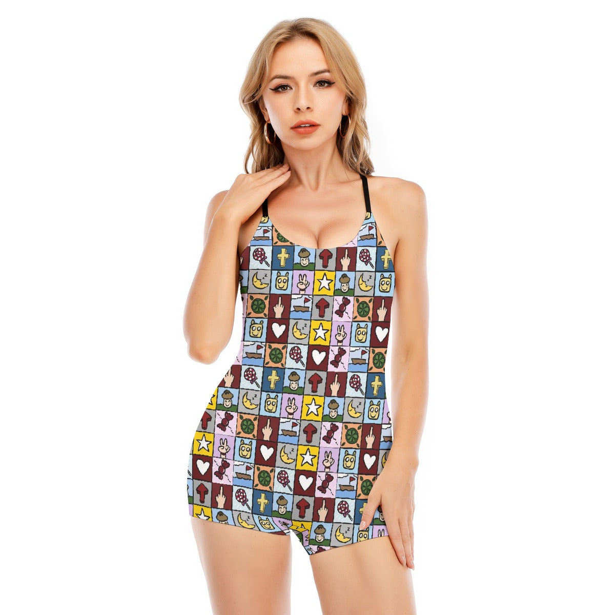 All-Over Print Women's Backless Romper With Black Straps