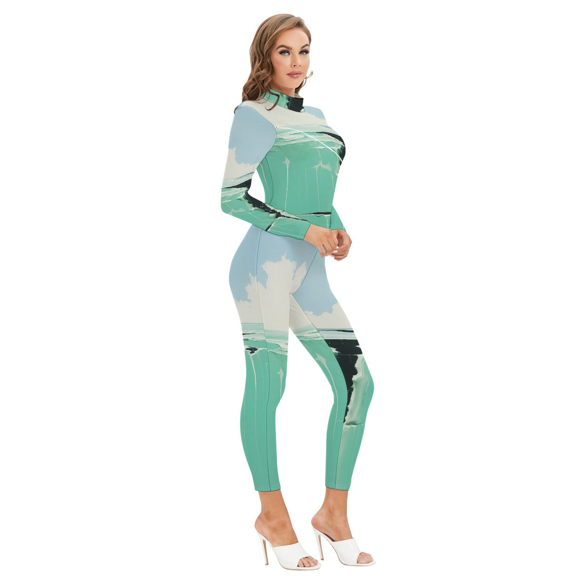 All-Over Print Women's Long-sleeved High-neck Jumpsuit With Zipper