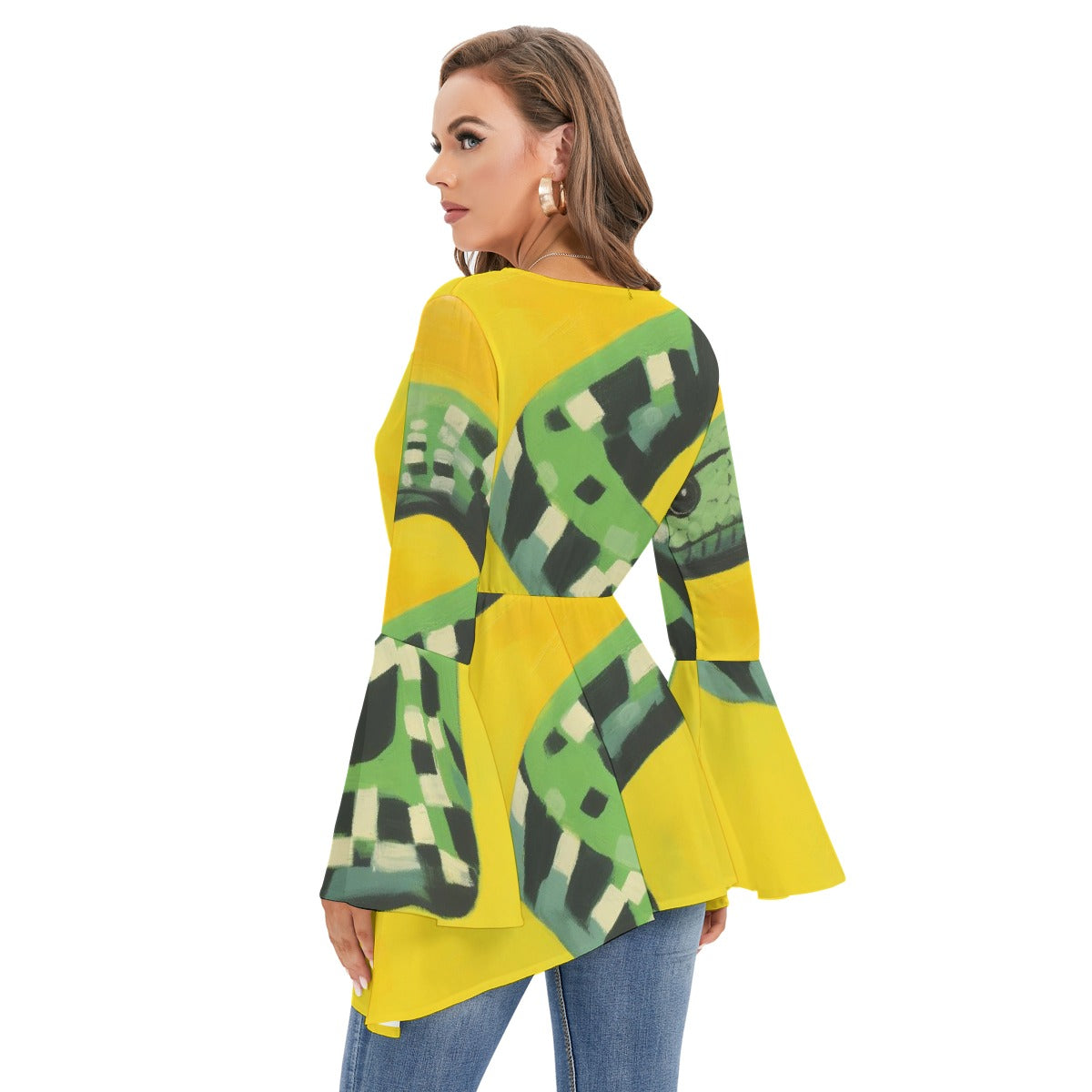 All-Over Print Women's V-neck Blouse With Flared Sleeves