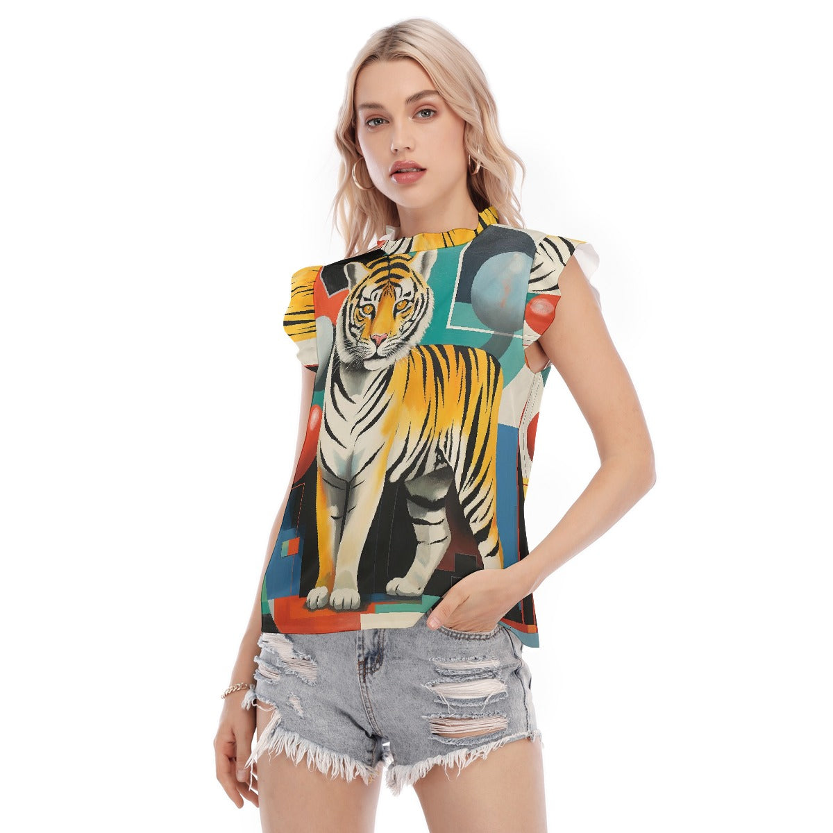 All-Over Print Women's Blouse With Ruffle Collar And Sleeve