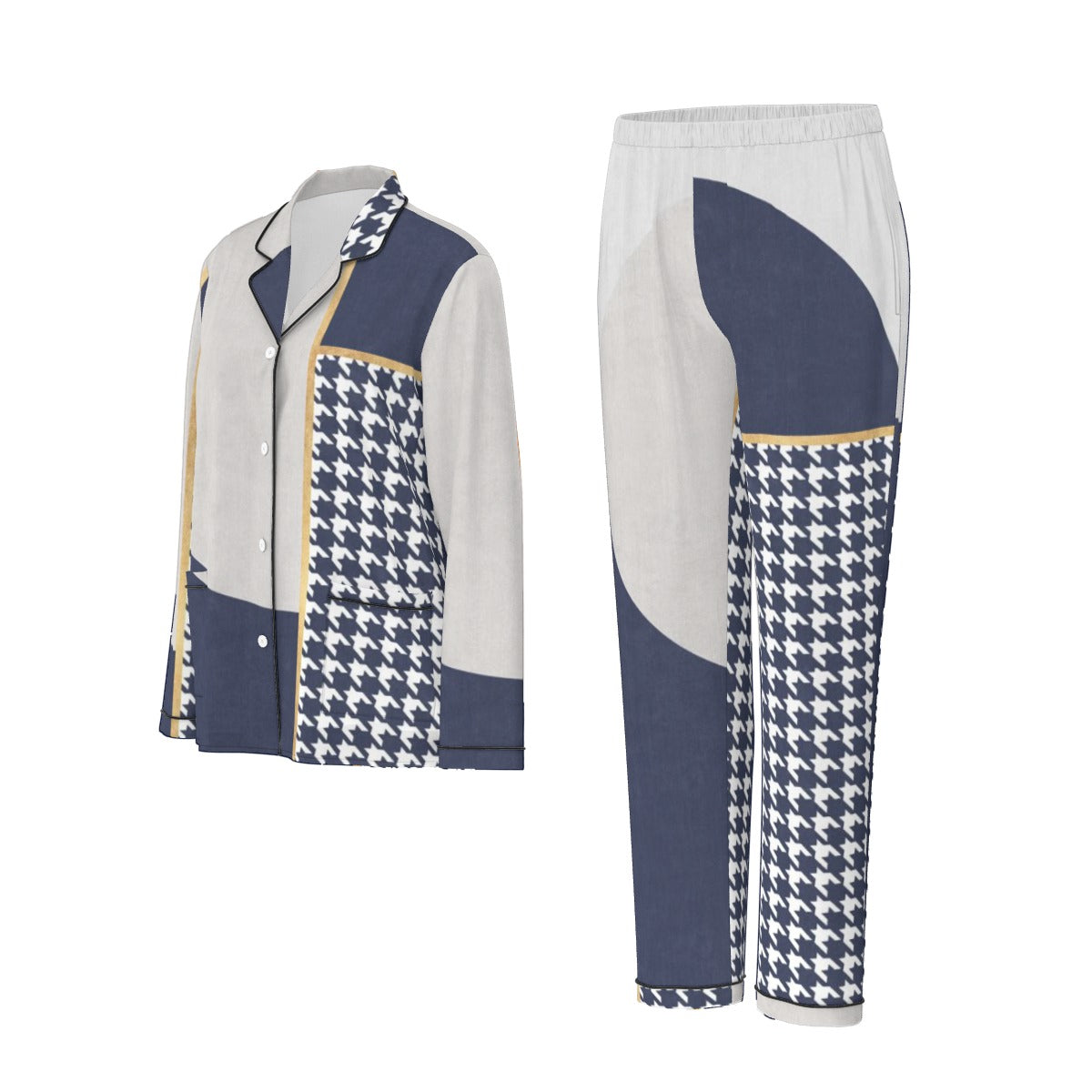 All-Over Print Women's Long Sleeve Pajama Set With Black Contrast Piping