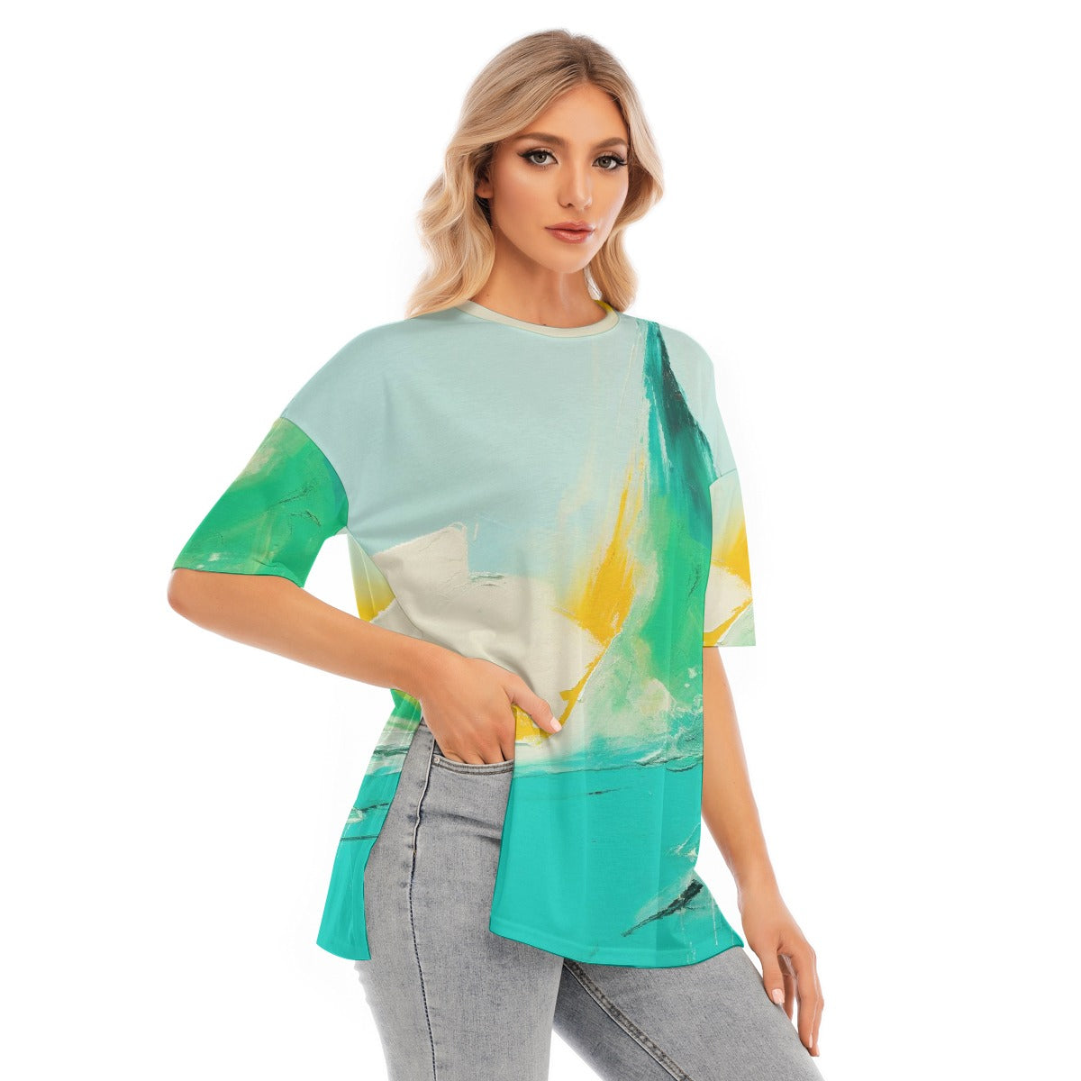 All-Over Print Women's Short Sleeves T-shirt With Hem Split