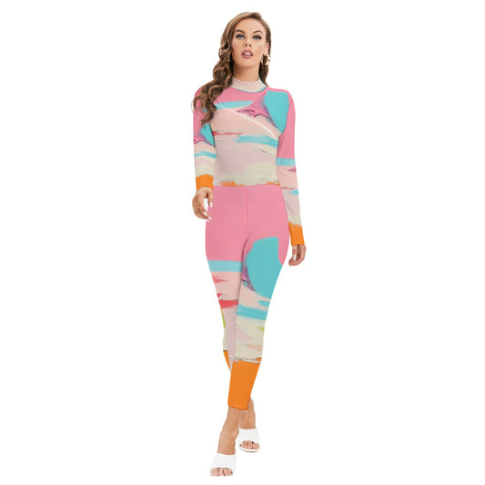 All-Over Print Women's Long-sleeved High-neck Jumpsuit With Zipper
