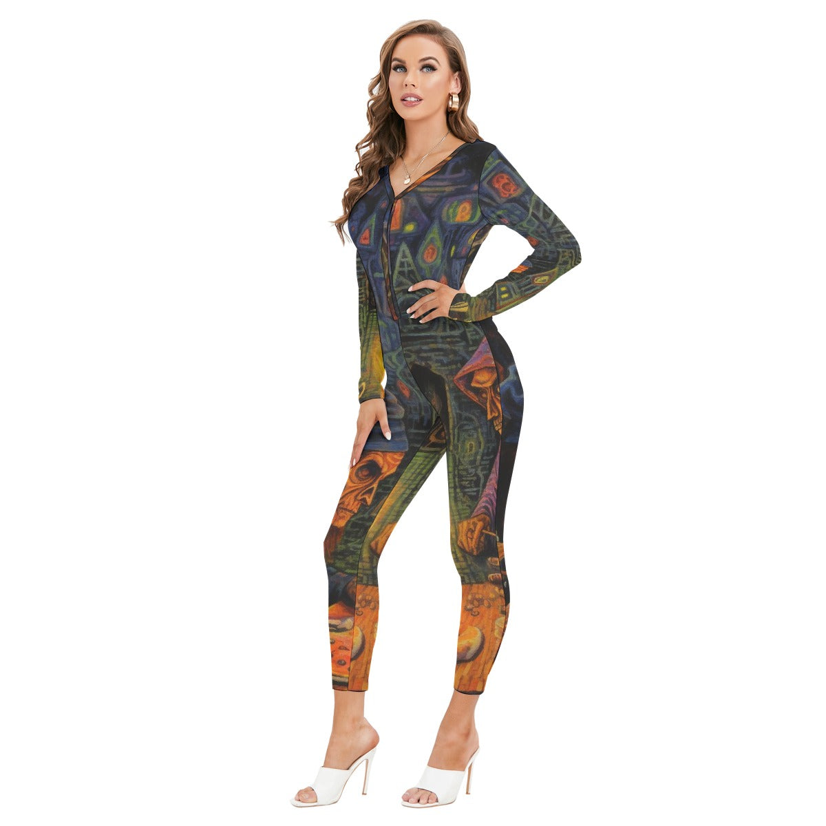All-Over Print Women's Plunging Neck Jumpsuit