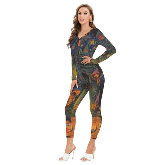 All-Over Print Women's Plunging Neck Jumpsuit