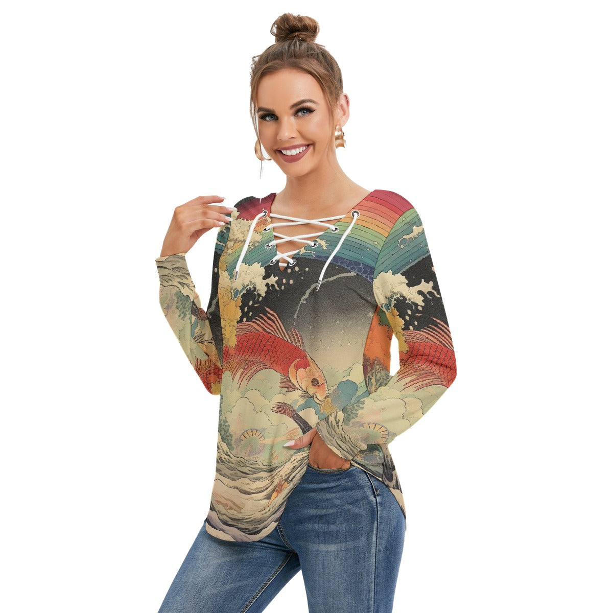 All-Over Print Women's Long Sleeve Neckline Tie Sweatshirt