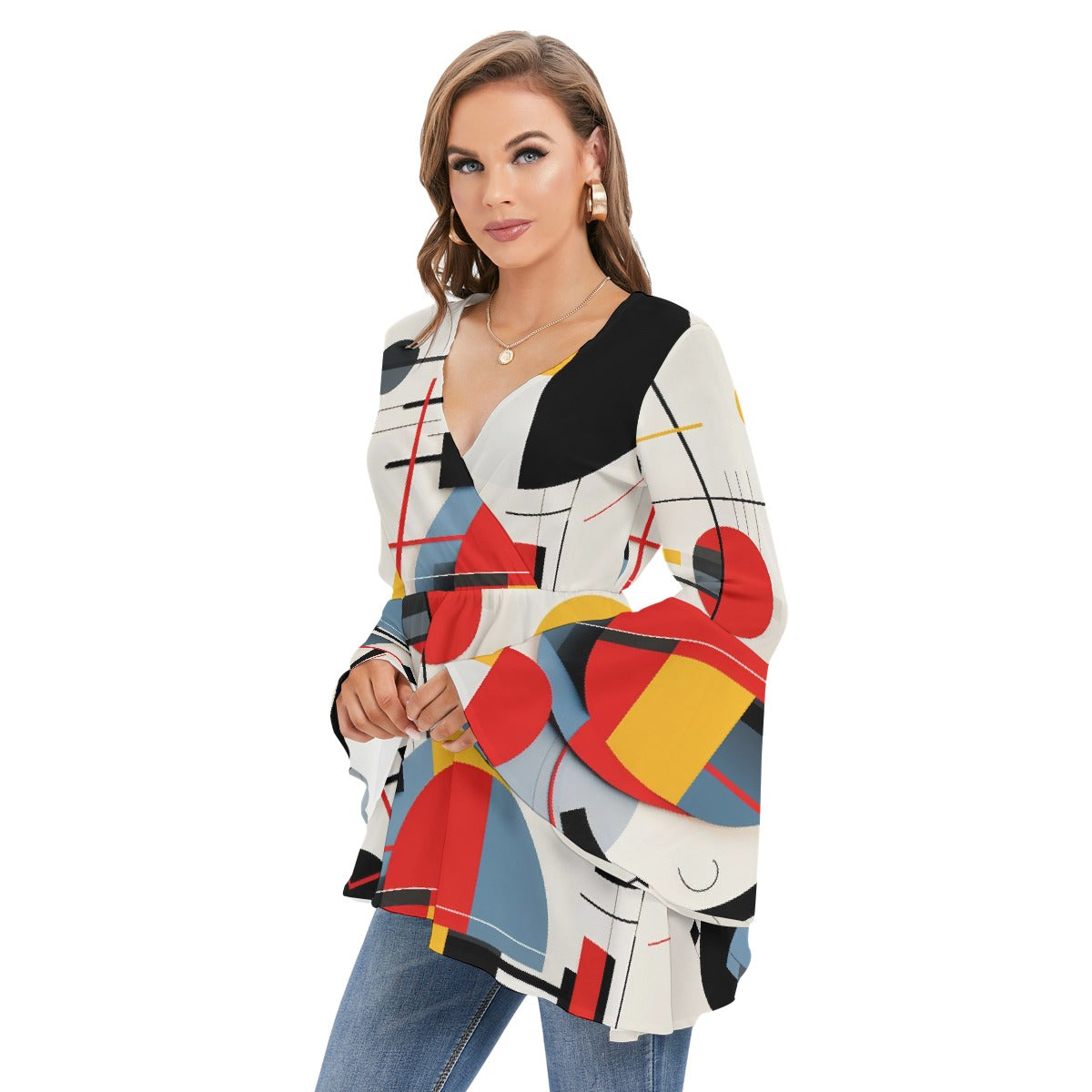 All-Over Print Women's V-neck Blouse With Flared Sleeves