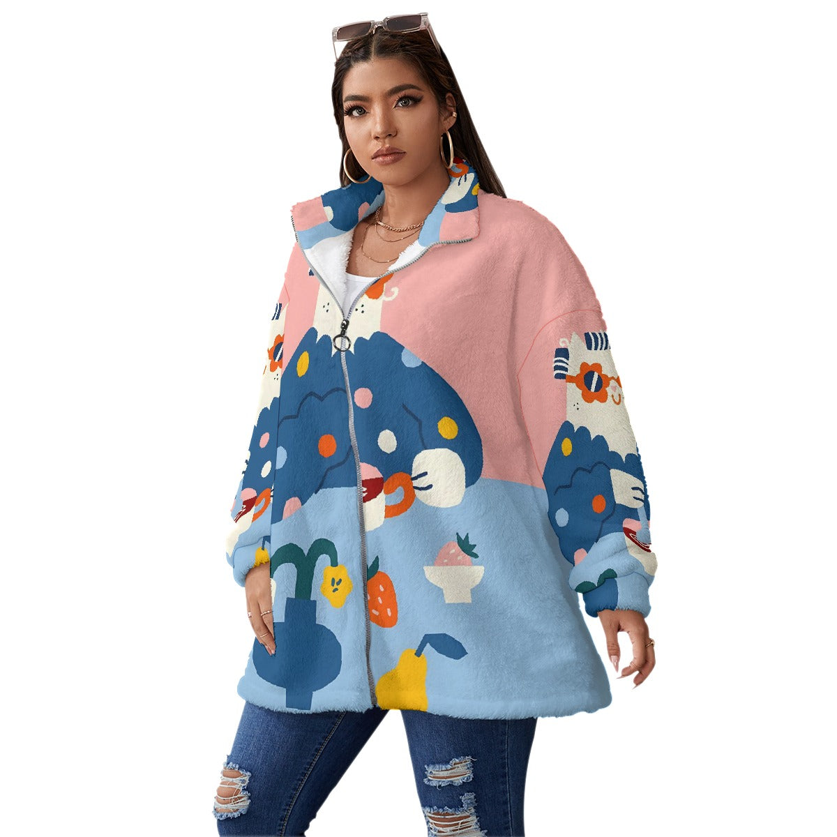 All-Over Print Unisex Borg Fleece Stand-up Collar Coat With Zipper Closure(Plus Size)