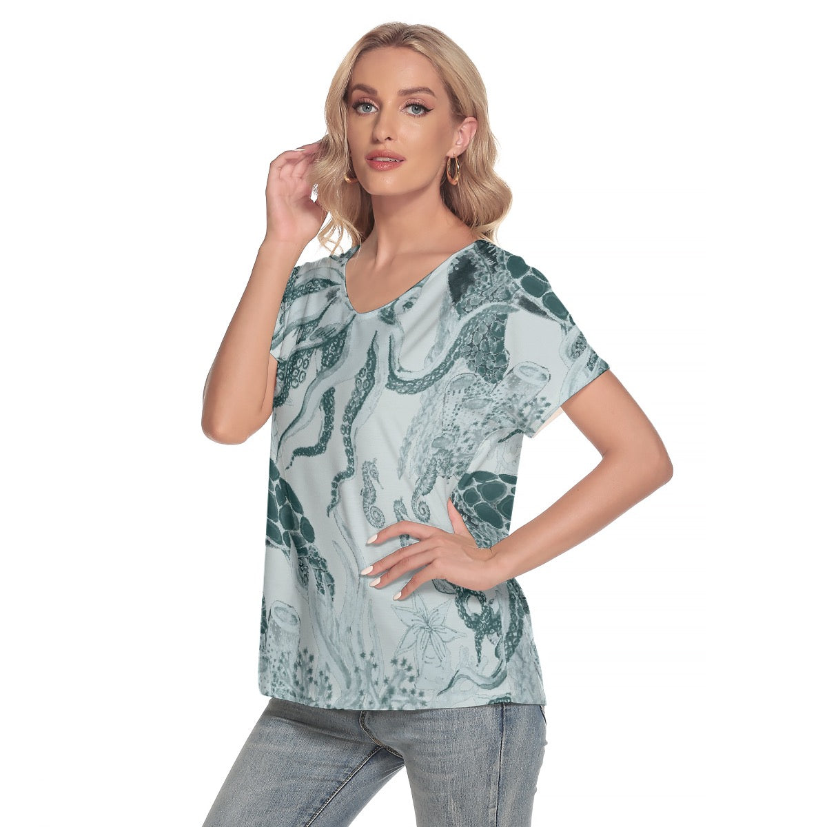 All-Over Print Women's Loose V-neck Short Sleeve T-shirt