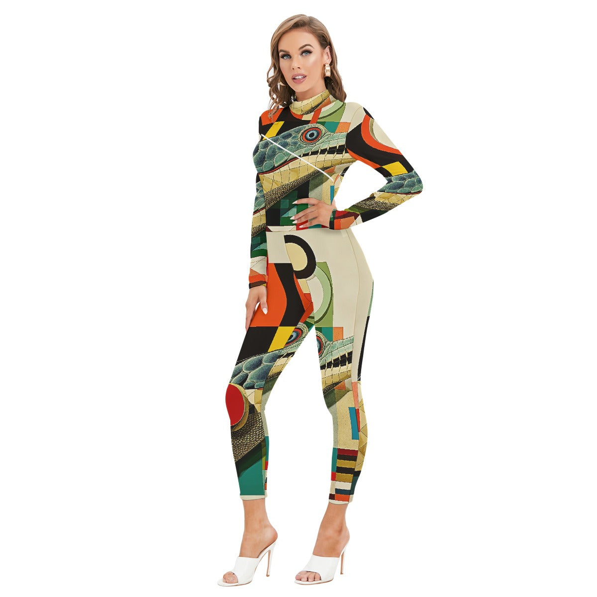 All-Over Print Women's Long-sleeved High-neck Jumpsuit With Zipper