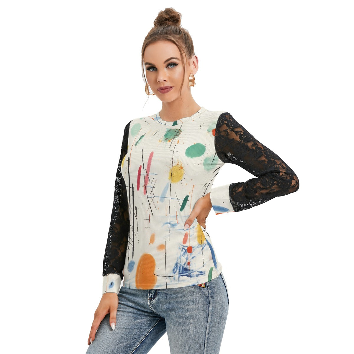 All-Over Print Women's T-shirt And Sleeve With Black Lace