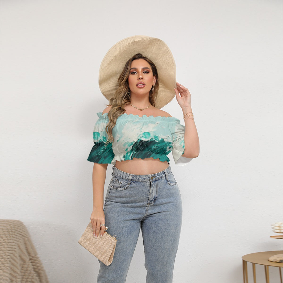 All-Over Print Women's Off-shoulder Cropped Top With Short Puff Sleeve