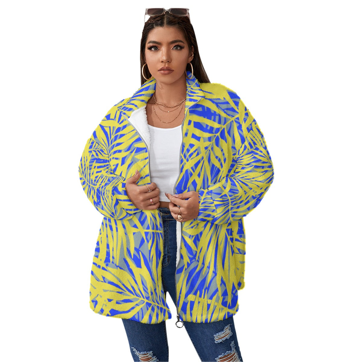 All-Over Print Unisex Borg Fleece Stand-up Collar Coat With Zipper Closure(Plus Size)