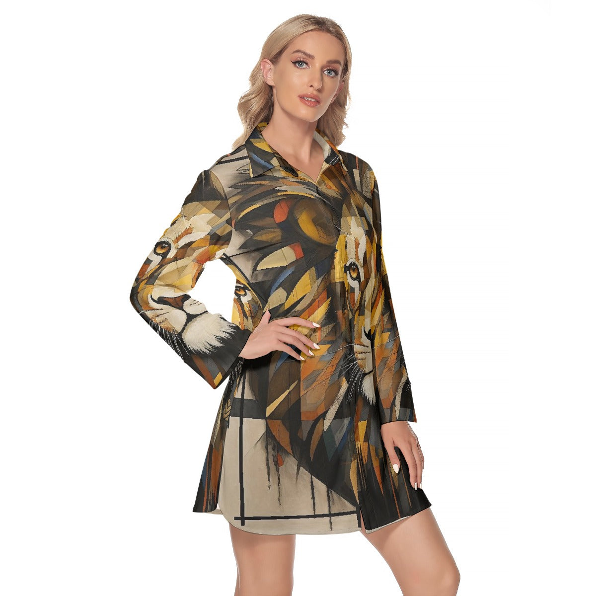 All-Over Print Women's Lapel Shirt Dress With Long Sleeve
