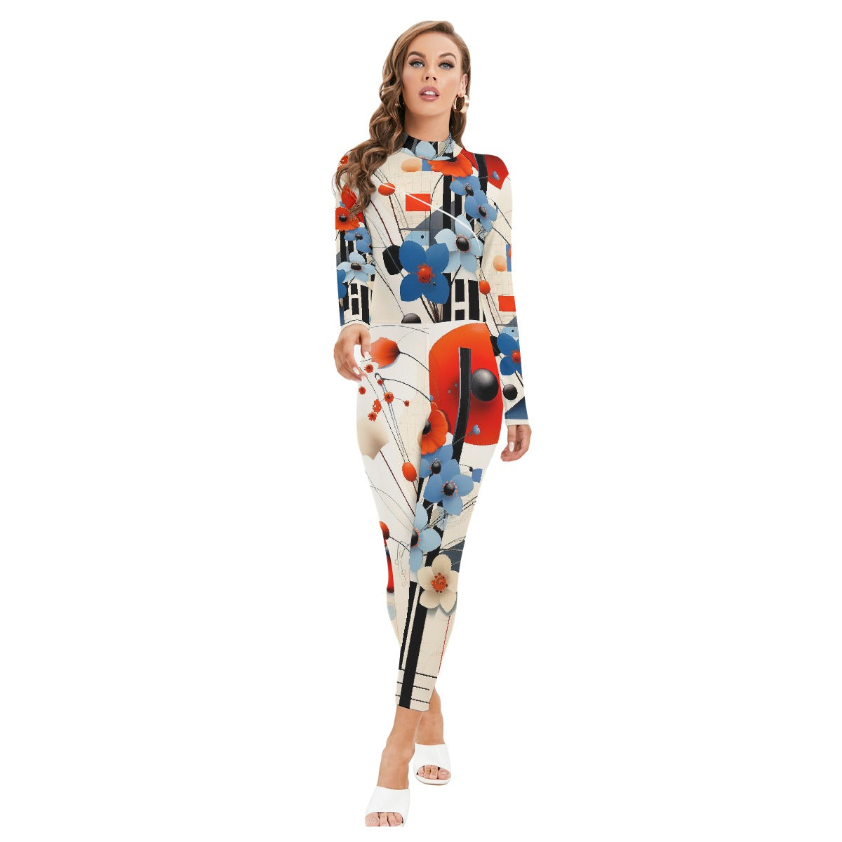 All-Over Print Women's Long-sleeved High-neck Jumpsuit With Zipper