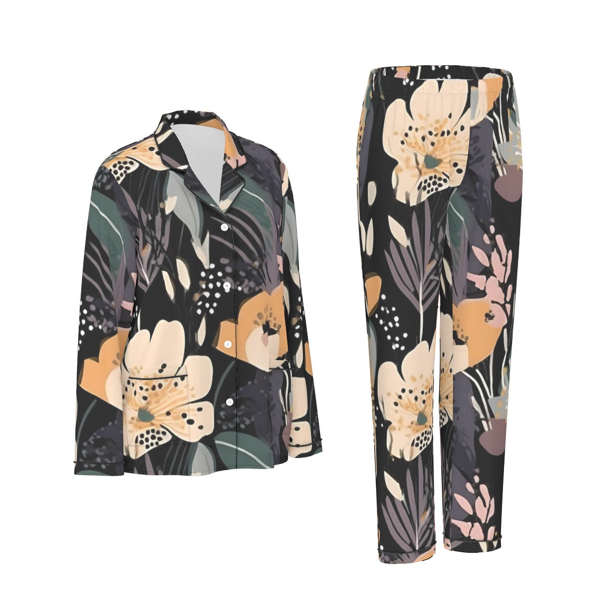 All-Over Print Women's Long Sleeve Pajama Set With Black Contrast Piping