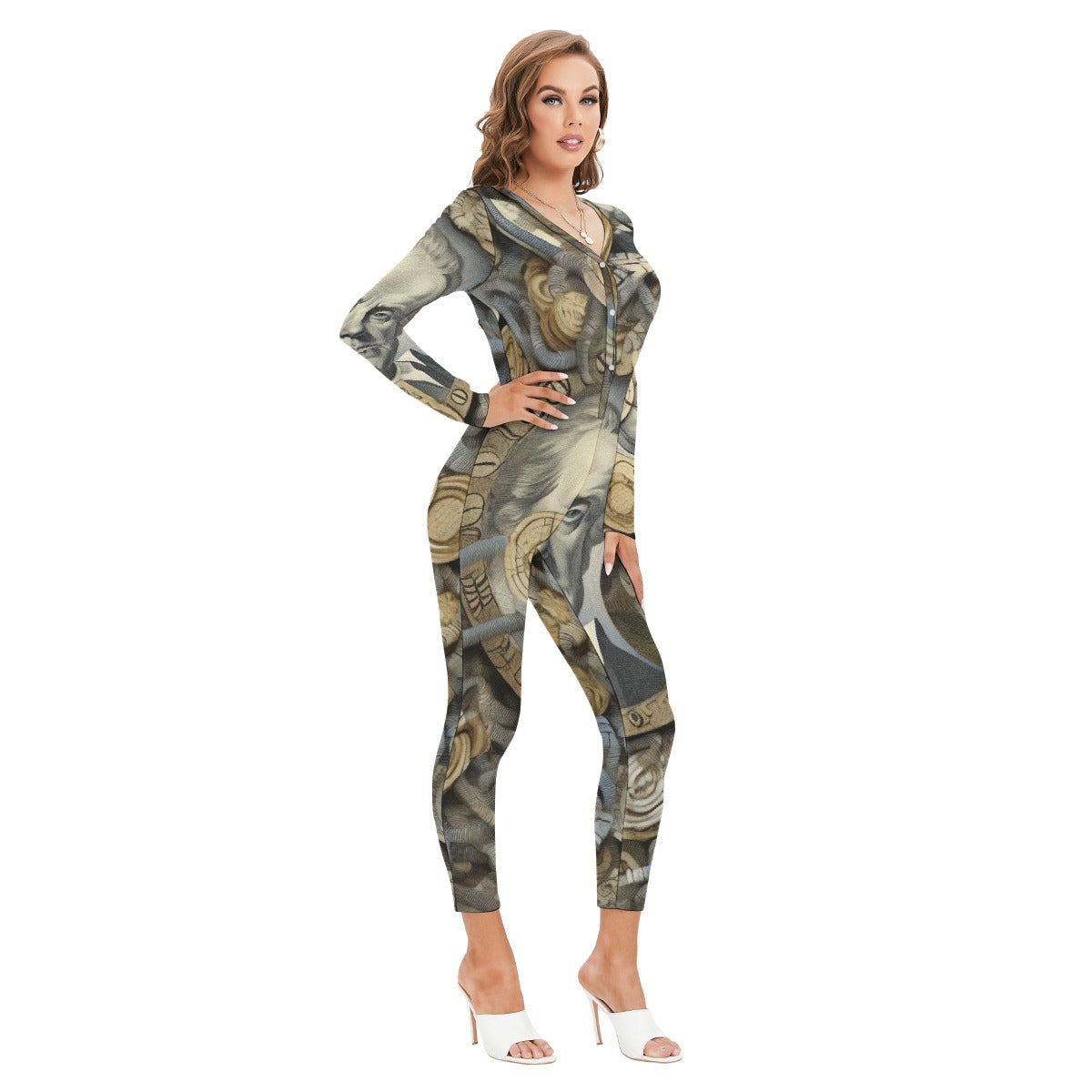 All-Over Print Women's Plunging Neck Jumpsuit