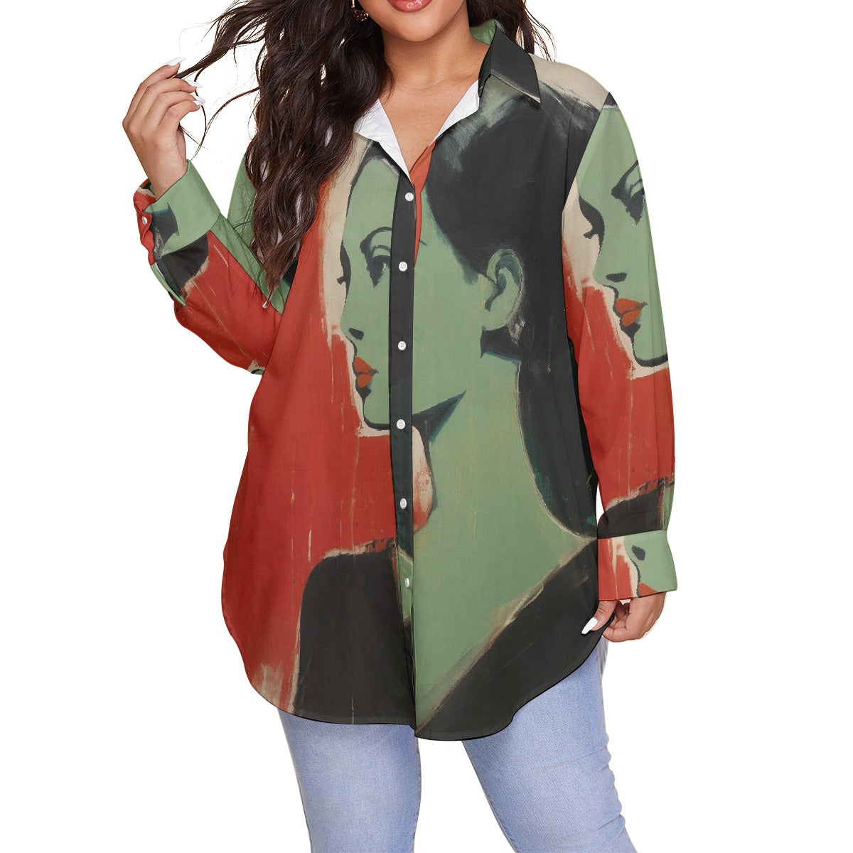 All-Over Print Women's Shirt With Long Sleeve(Plus Size)