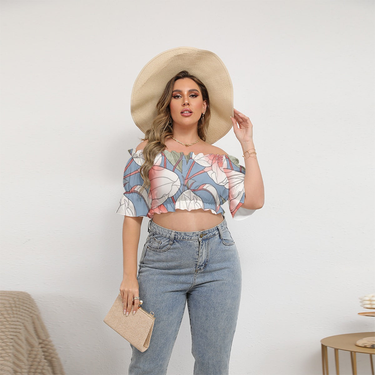 All-Over Print Women's Off-shoulder Cropped Top With Short Puff Sleeve