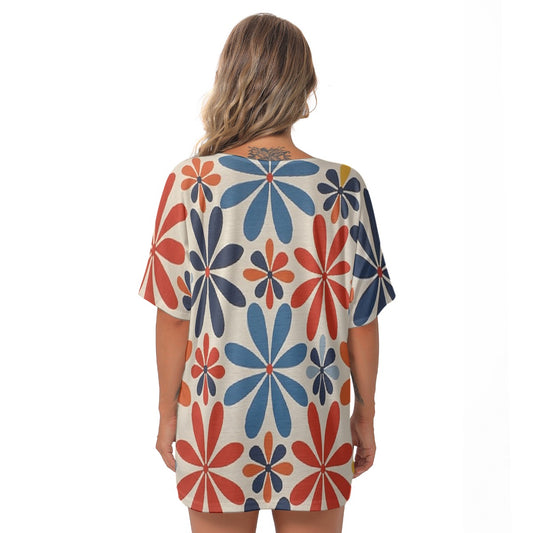 All-Over Print Women's Bat Sleeves V-Neck Blouse