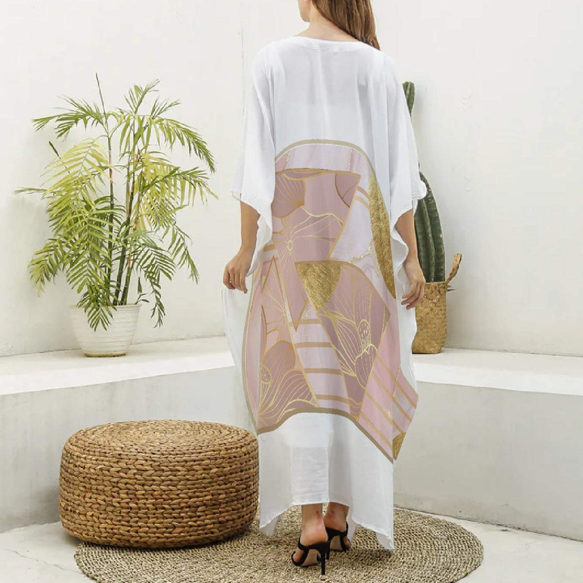 All-Over Print Women's Imitation Silk V-neck Kaftan Robe