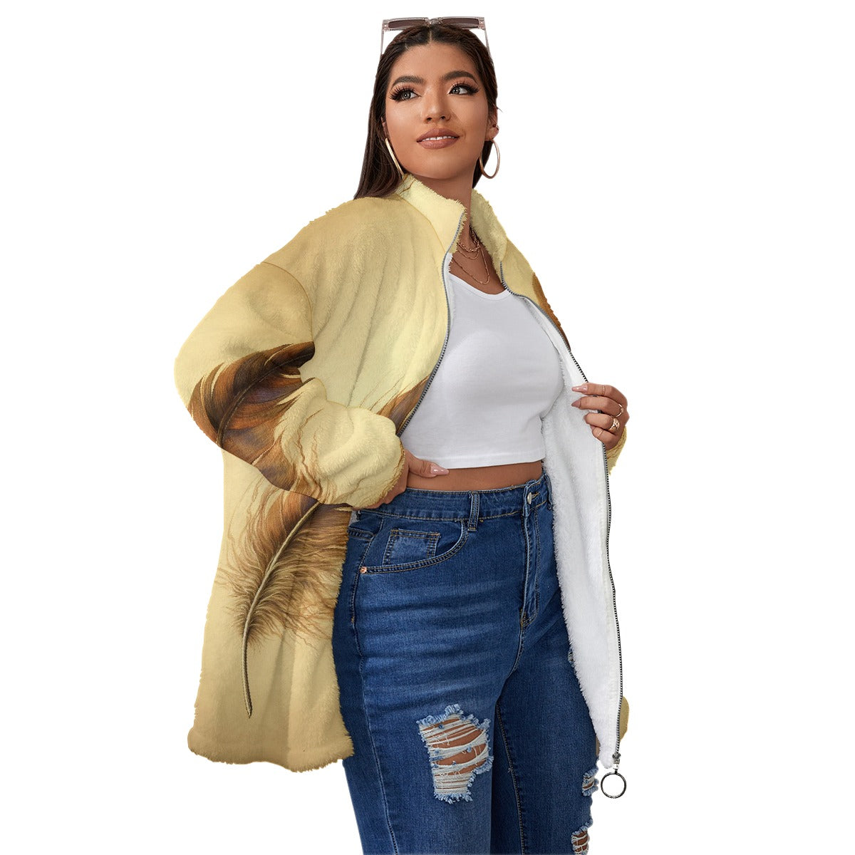 All-Over Print Unisex Borg Fleece Stand-up Collar Coat With Zipper Closure(Plus Size)