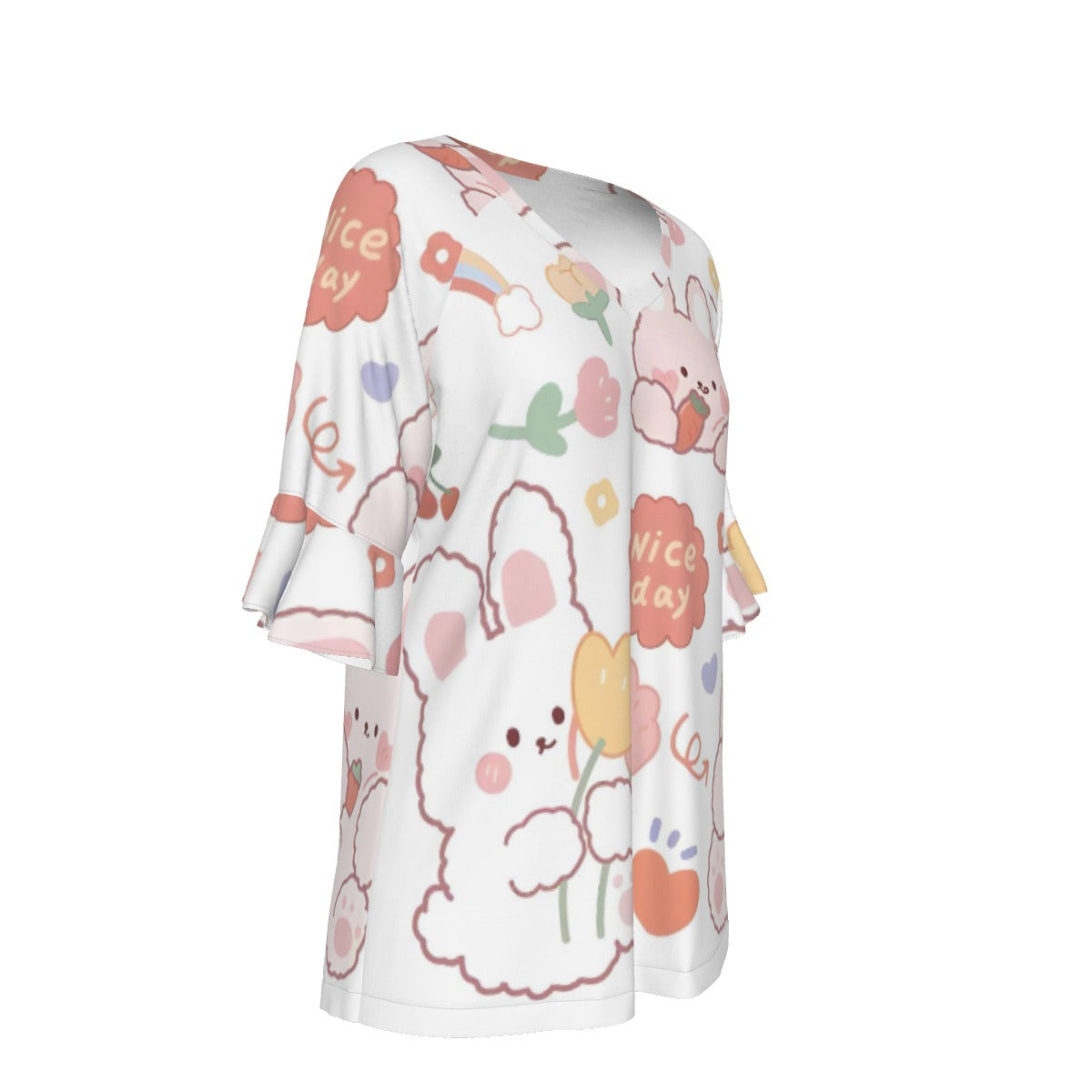 All-Over Print V-neck Women's T-shirt With Bell Sleeve