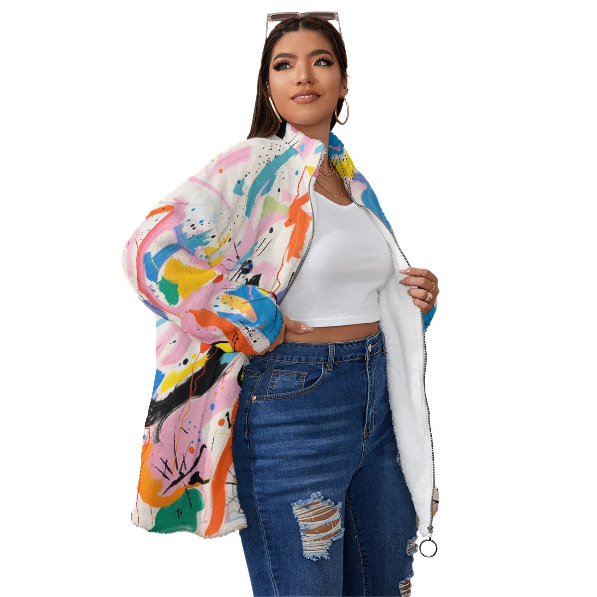 All-Over Print Unisex Borg Fleece Stand-up Collar Coat With Zipper Closure(Plus Size)