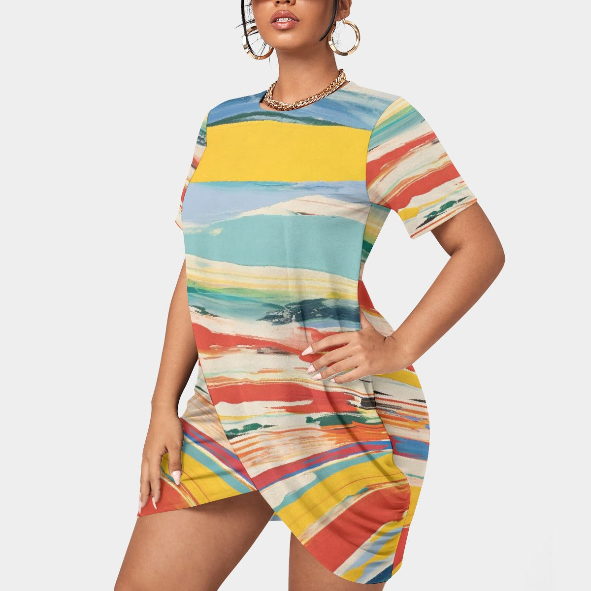 All-Over Print Women’s Stacked Hem Dress With Short Sleeve（Plus Size）