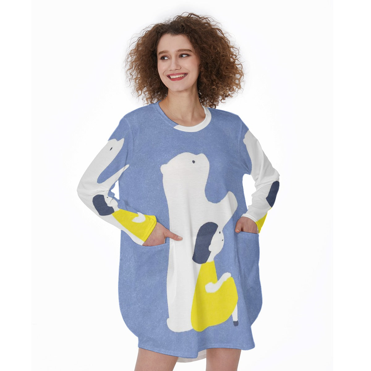 All-Over Print Women's Casual Loose Long Sleeve Dress With Pocket