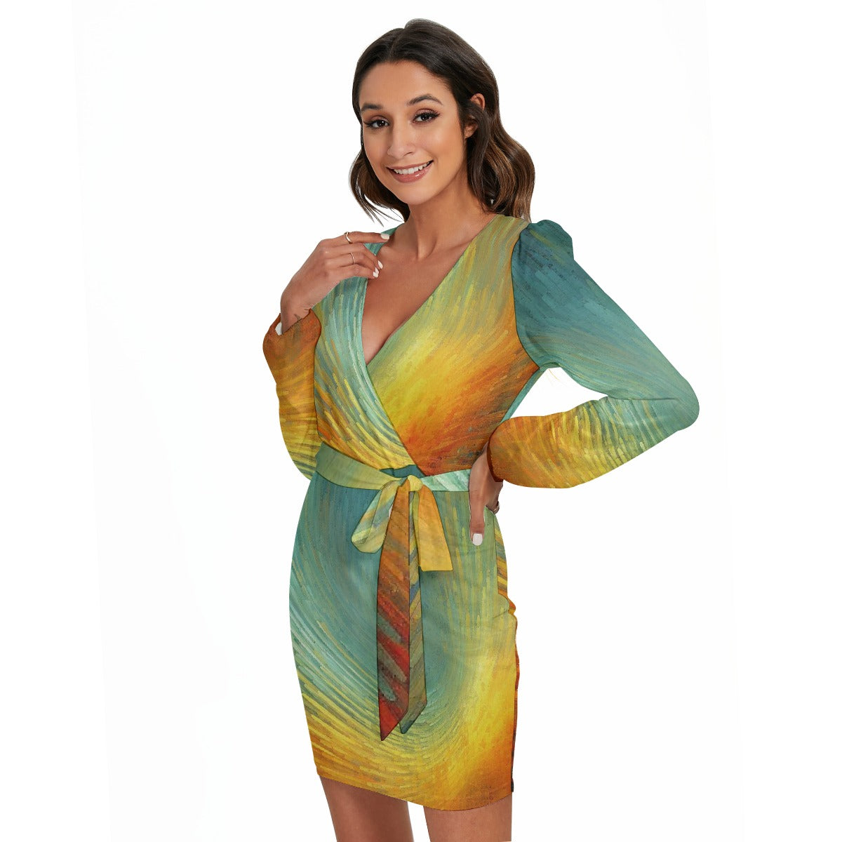 All-Over Print Women's Long Sleeve Dress With Waist Belt