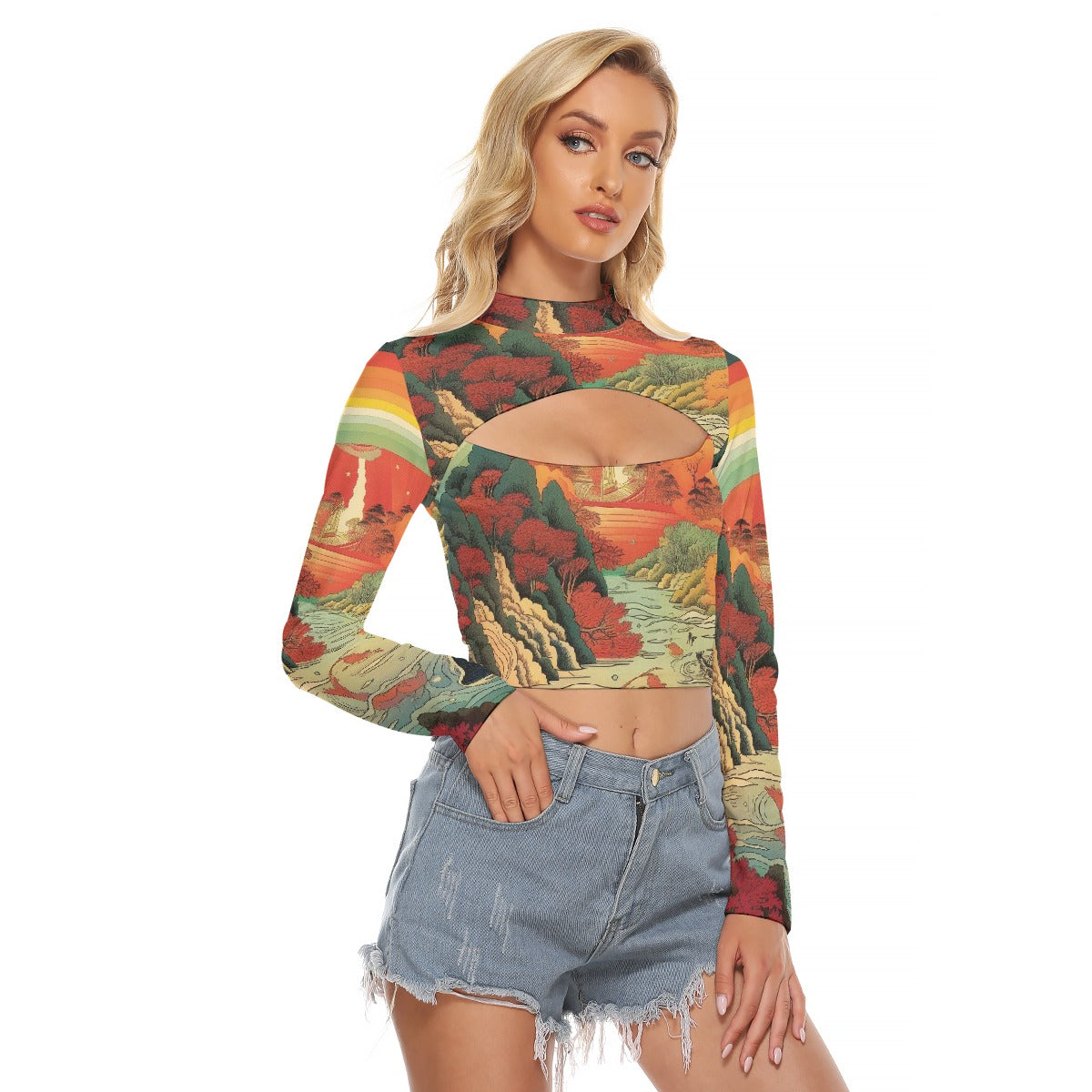 All-Over Print Women's Hollow Chest Keyhole Tight Crop Top
