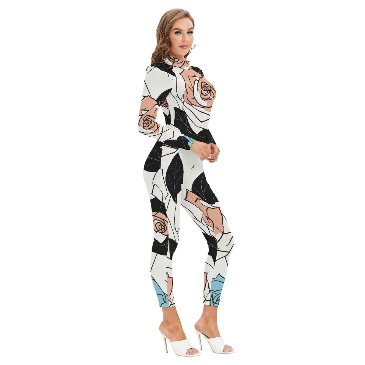 All-Over Print Women's Long-sleeved High-neck Jumpsuit With Zipper